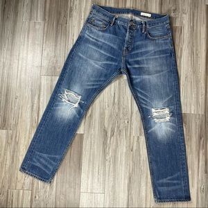 ALL SAINTS Tapered Button Fly Medium Wash Distressed Ripped Whiskered Jeans
